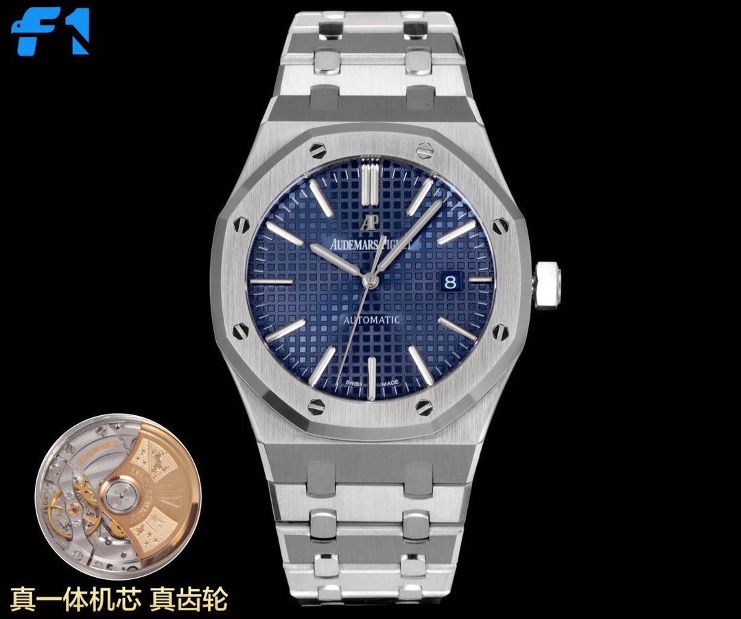 NO:553230,The genuine work of the F1 factory - the most powerful 'King of Steel' Audemars Piguet 15400 integrated movement CAL version. 1. It adopts the same three-piece structure as the original. All positions and assembly methods of the watch case are consistent with the original. 2. The most important strap of the steel strap watch, the F1 factory uses the original strap to open the mold so that the strap has a delicate brushed pattern and will not sharply cut the hand. The thickness and joints of the strap are consistent with the original, and the details are meticulous.  3. The movable cushioning design at the top of the strap connecting the watch head is consistent with the original product, making it closer to the wrist and more comfortable to wear. 4. The switch design and texture of the watch buckle and the engraving process of the watch buckle are consistent with the original product. 5F1 factory restores the original wording, workmanship and color details and puts them together with the original product without flaws.   6. The movement is the soul of the entire watch and the key to distinguish authenticity. The F1 factory perfectly replicates the original movement. It is a true one-piece movement and is no longer a movement decorated with plywood. The specific details are as follows 1: The calendar jumps instantaneously in the opposite direction, which is different from the movement with plywood on the market. The calendar direction is different. 2. The central axis of the pointer is a solid central axis, consistent with the original. The pointer is polished to make it burr-free.  3. Any gears on the back of the movement are not decorations. The winding power pinion will drive, and the gears and barrels on the flat hairspring (FLAT) deck are real and movable. 4. The balance wheel position corresponds to the genuine product at 7 o'clock, and the power reserve time is consistent with the genuine product of 41 hours. The movement's shock absorber, no card, and other details are restored to the original movement.   5: The color of the movement rotor is the most easily mistaken, because the color of the rotor in the official website picture is more rose-red, while the original real rotor is more gold, which leads to many rotor blades on the market being made in rose red color, but the F1 factory specially adjusts the color of the rotor to be consistent with the original one (other ones on the market are generally reddish) The F1 factory is sincere and perfectly restored!  ,,audemars19860909F1厂真芯之作—最强“钢王之王”爱彼15400一体机芯CAL版本. 1采用与原版一致三件套式结构.表壳所有位置和装配方式跟原装一致. 2钢带表最重中之重的表带,F1厂用原装表带开模使表带细腻的拉丝纹并且不会锋利割手,表带厚度和关节跟足原装一致,对细节一丝不苟 3表带头粒连接表头处与正品一致的活动缓冲设计,让佩戴更贴近手腕更舒服 4表扣的开关设计和质感与表扣的雕刻工艺均与正品一致 5F1厂还原原装字面做工与颜色细节和正品放在一起无破绽 6机芯是整个手表的灵魂和辨别真假的重点,F1厂完美复制原装机芯,真正的一体机芯,不再是夹板装饰的机芯,具体细节如下1:日历是反方向的瞬跳,区别于市面的机芯加夹板,日历方向是不一样的 2指针中轴为实心中轴,与原装一致,指针打磨使指针毫无毛刺 3机芯背面任何齿轮都不是装饰,上链条动力小齿轮会传动,平面游丝(FLAT)甲板上的齿轮与发条盒均真实可动可用 4摆轮位置对应正品在7点位置,动力储存时间与正品一致的41小时.机芯的避震器,无卡度等等细节都还原原装机芯 5:最容易错误的机芯陀片颜色,因为官网图片陀片颜色偏玫红,而原装实物陀片偏金,这就导致市面很多做陀片按着玫红颜色做,而F1厂特调了陀片颜色跟原装一致（市面其他的普遍偏红） F1厂真芯诚意,完美还原！,,audemars,Watch