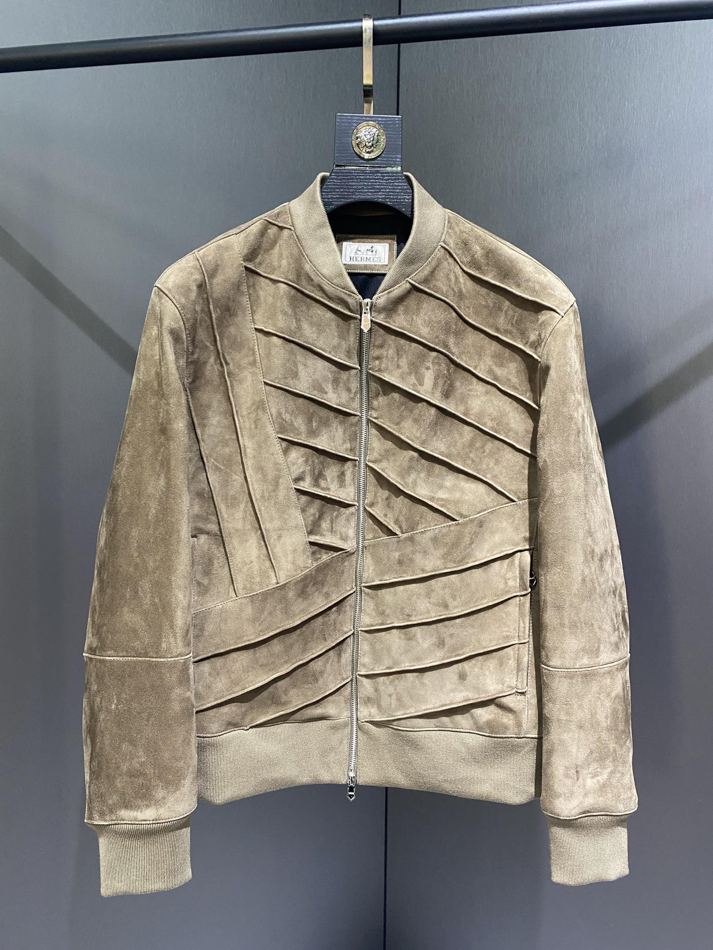 (Solo cambio de talla) Hermes Hermes chaqueta de cuero de piel de oveja de primera calidad con cuello de béisbol, ¡pesa…