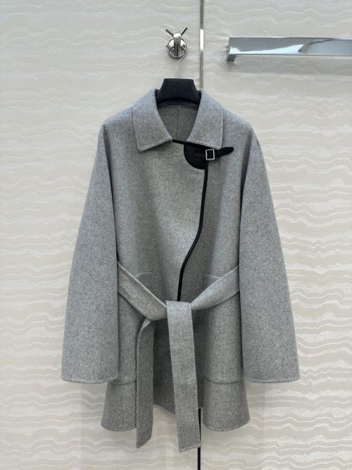 Women's Wool-Cashmere Blend Coat with Leather Detail & Waist Tie - Elegant Fit 1 Women's Wool-Cashmere Blend Coat with Leather Detail & Waist Tie - Elegant Fit
