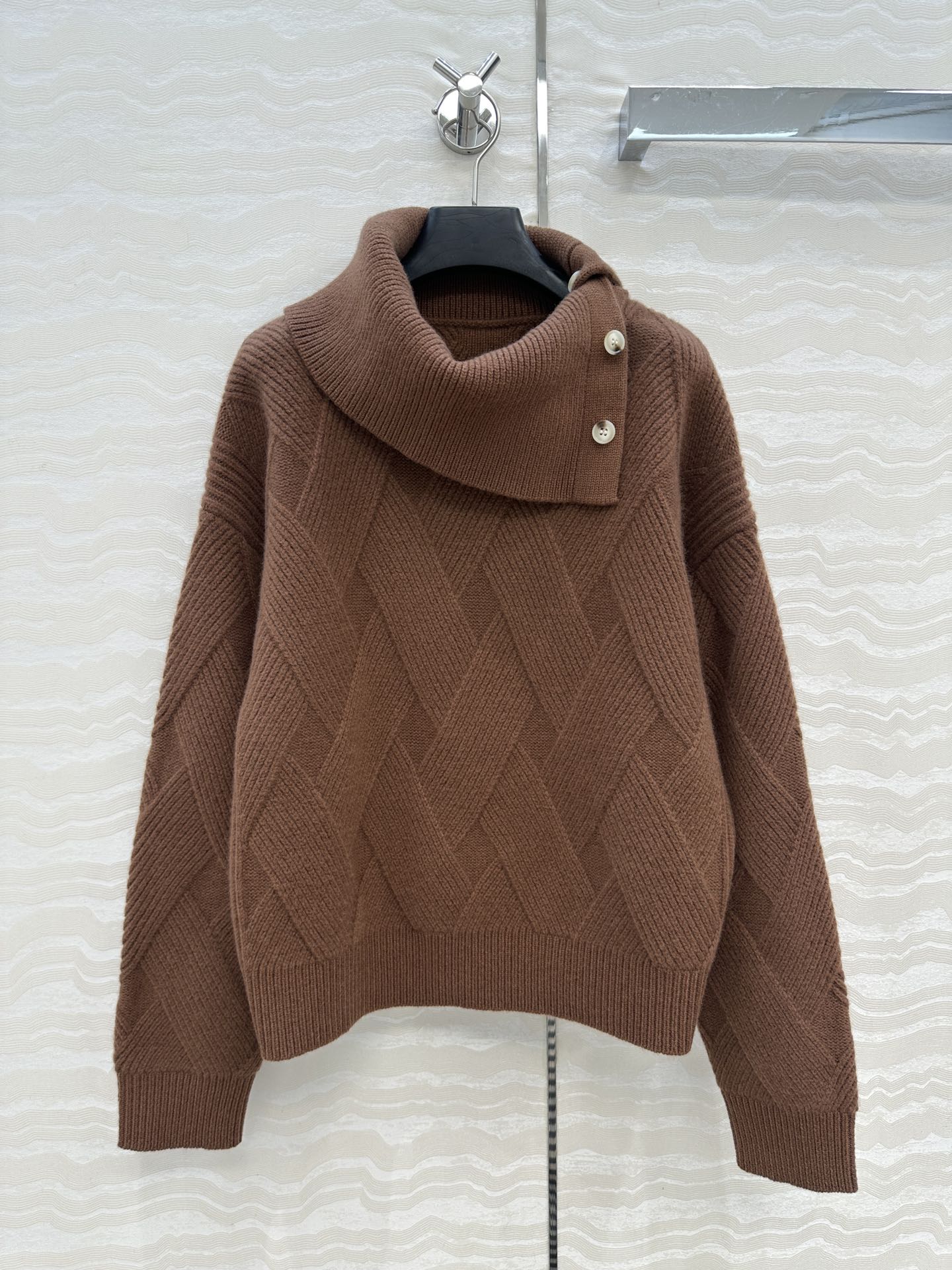 Elegant Wool Sweater with Asymmetrical Collar and Button Detail - Stylish Knitwear