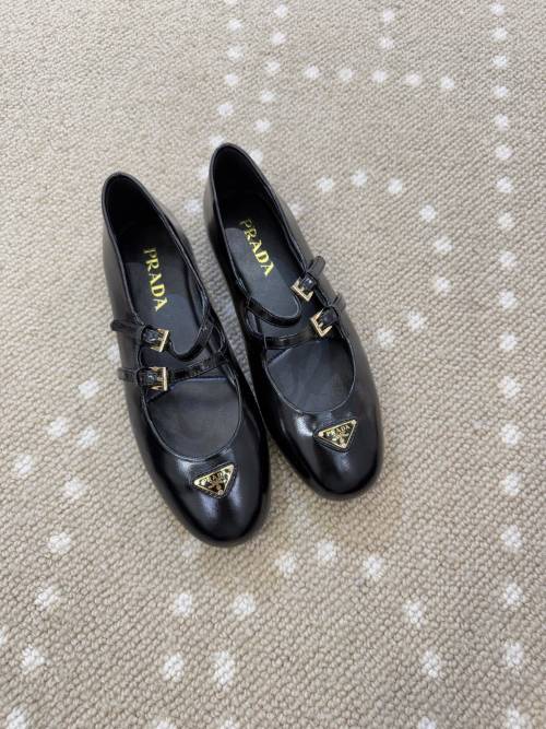 Prada Women's Black Leather Mary Jane Flats with Triangle Logo HD00350 1 Prada Women's Black Leather Mary Jane Flats with Triangle Logo HD00350