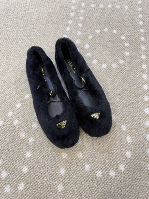 Prada Women's Black Wool Mary Jane Flats with Triangle Logo Accent 1 Prada Women's Black Wool Mary Jane Flats with Triangle Logo Accent