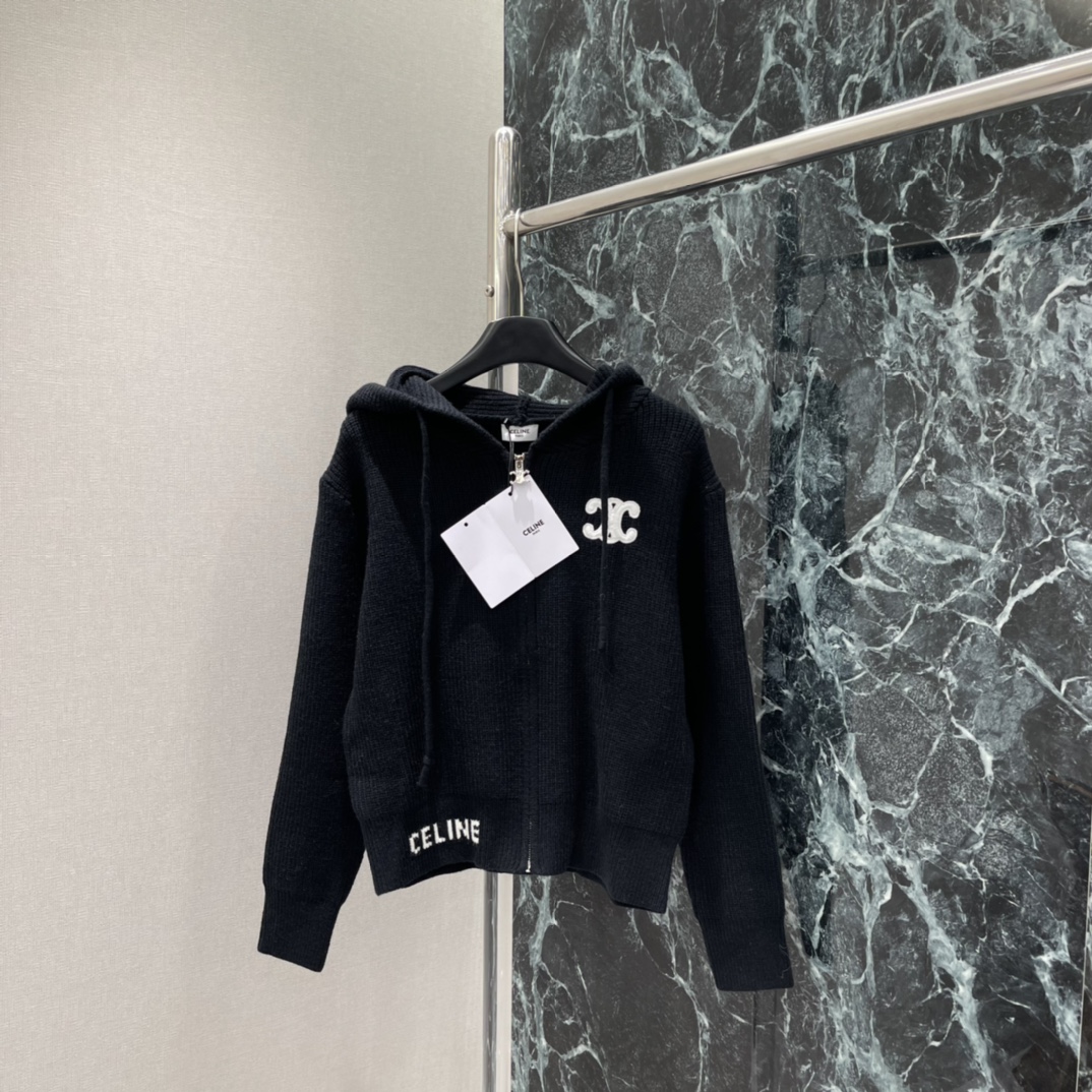 CE 25秋冬新款 连帽刺绣针织开衫 经典 logo图案章仔装饰下摆字母logo提花点缀yb开模logo