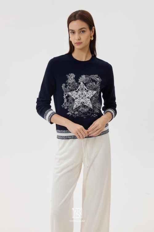 Dior-Inspired Merino Wool Sweater with Star Embroidery - Navy Blue or Gray 1 Dior-Inspired Merino Wool Sweater with Star Embroidery - Navy Blue or Gray