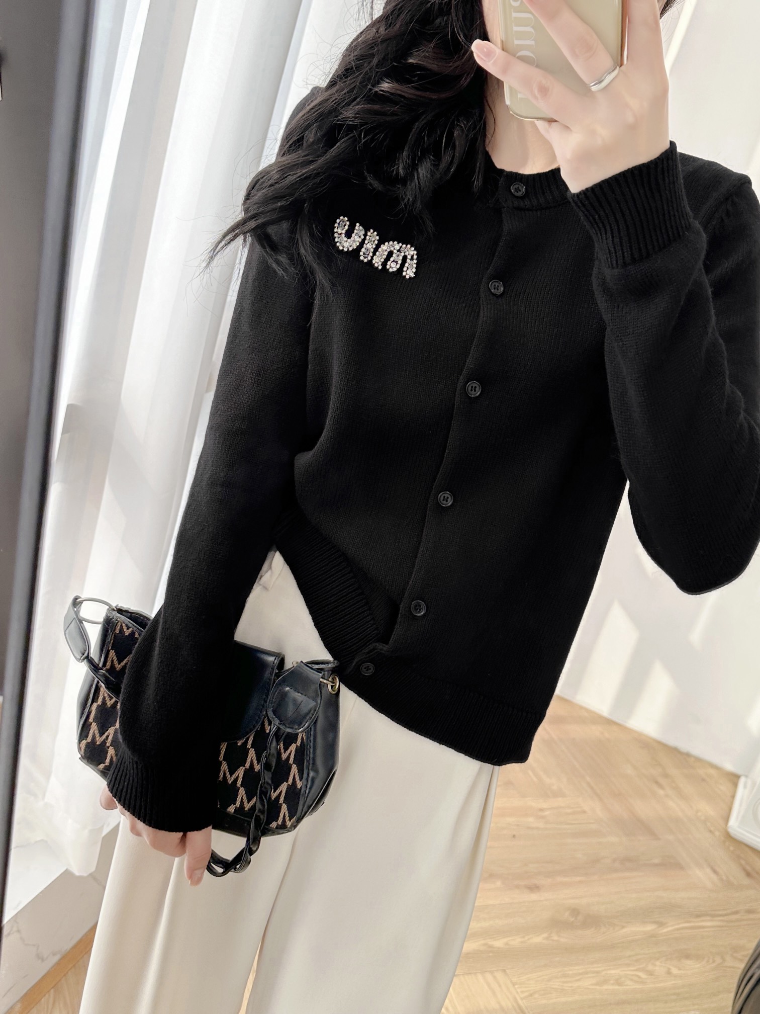 Miu Inspired Black Wool Cardigan with Crystal Letter Embellishment, Elegant Style