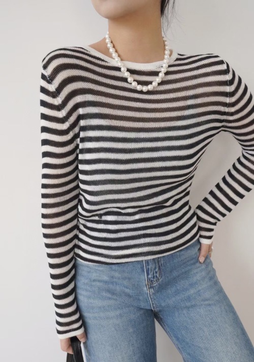 D Striped Wool Blend Sweater with Bee Embroidery, Long Sleeve Knit Top 1 D Striped Wool Blend Sweater with Bee Embroidery, Long Sleeve Knit Top