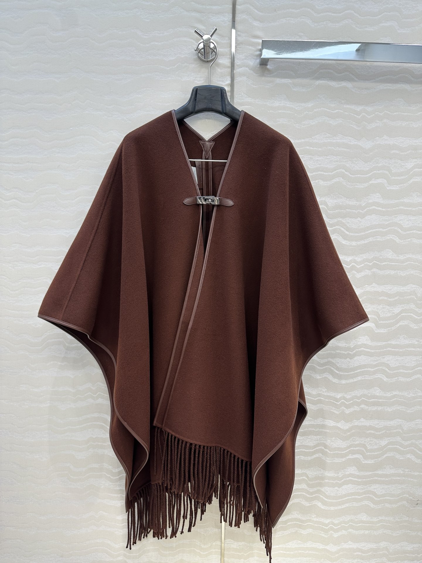 Elegant Wool Blend Cape Scarf with Leather Buckle & Hand-Rolled Edges