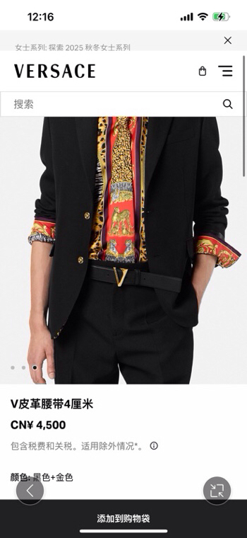 范思哲，小牛皮腰带，饰有独特的V-emblem，上面刻有珐琅Versace Logo，V 配件，4.0c