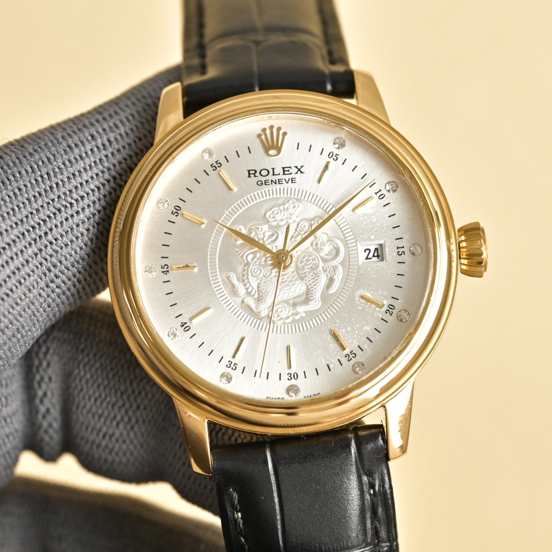 Rolex Men's Gold-Tone Stainless Steel Watch with Leather Band