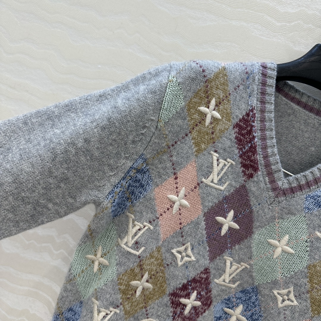 高端原单品质！❤️L滑雪系列Monogram重工立体刺绣logo菱格配色提花毛衣！撞色嵌花工艺贯穿时髦高