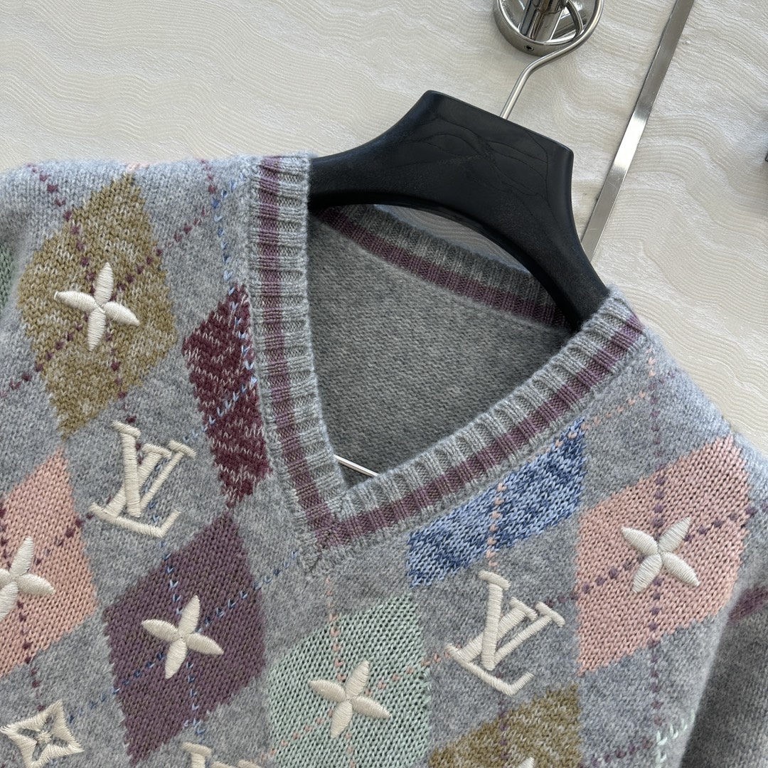 高端原单品质！❤️L滑雪系列Monogram重工立体刺绣logo菱格配色提花毛衣！撞色嵌花工艺贯穿时髦高