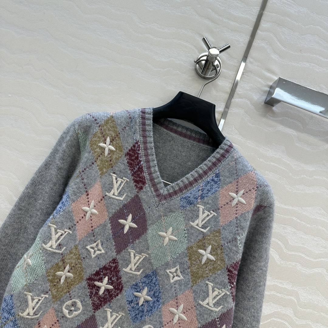 高端原单品质！❤️L滑雪系列Monogram重工立体刺绣logo菱格配色提花毛衣！撞色嵌花工艺贯穿时髦高
