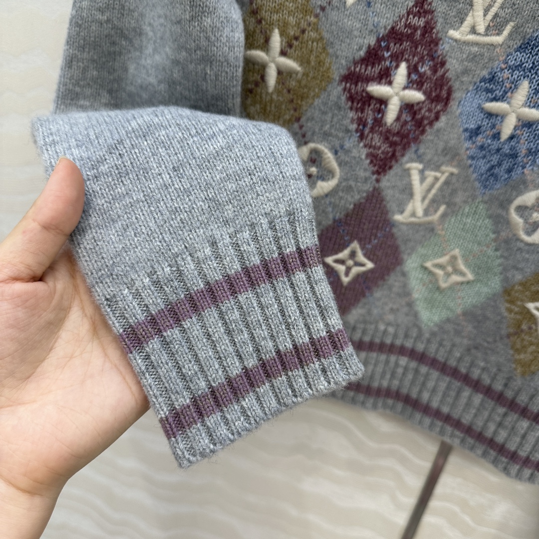 高端原单品质！❤️L滑雪系列Monogram重工立体刺绣logo菱格配色提花毛衣！撞色嵌花工艺贯穿时髦高