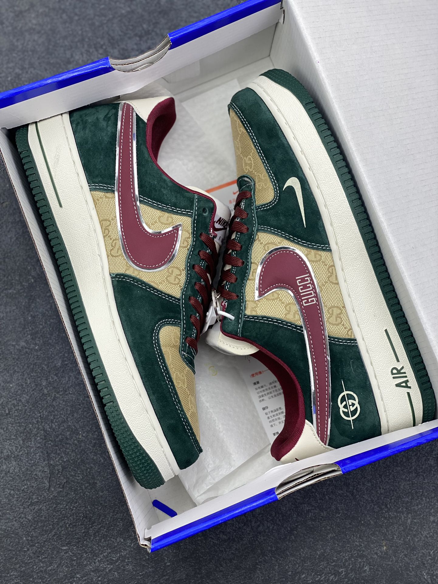 图片[9]-NIke Air Force 1 \’07 Low “古驰联名——卡其朱砂勾”空军一号 低帮 运动鞋 休闲鞋 折边针车 工艺难度大 原楦头原纸板 原装鞋盒 定制五金配件 内置全掌气垫 原厂鞋底 货号：SY1388-007 尺码：36 36.5 37.5 38 38.5 39 40 40.5 41 42 42.5 43 44 44.5 45-选品中心