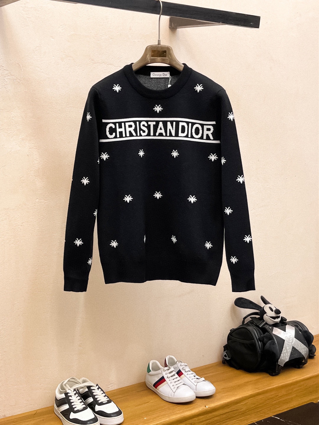 DIOR Men's Black Wool Blend Sweater with Embroidered Bee Motif