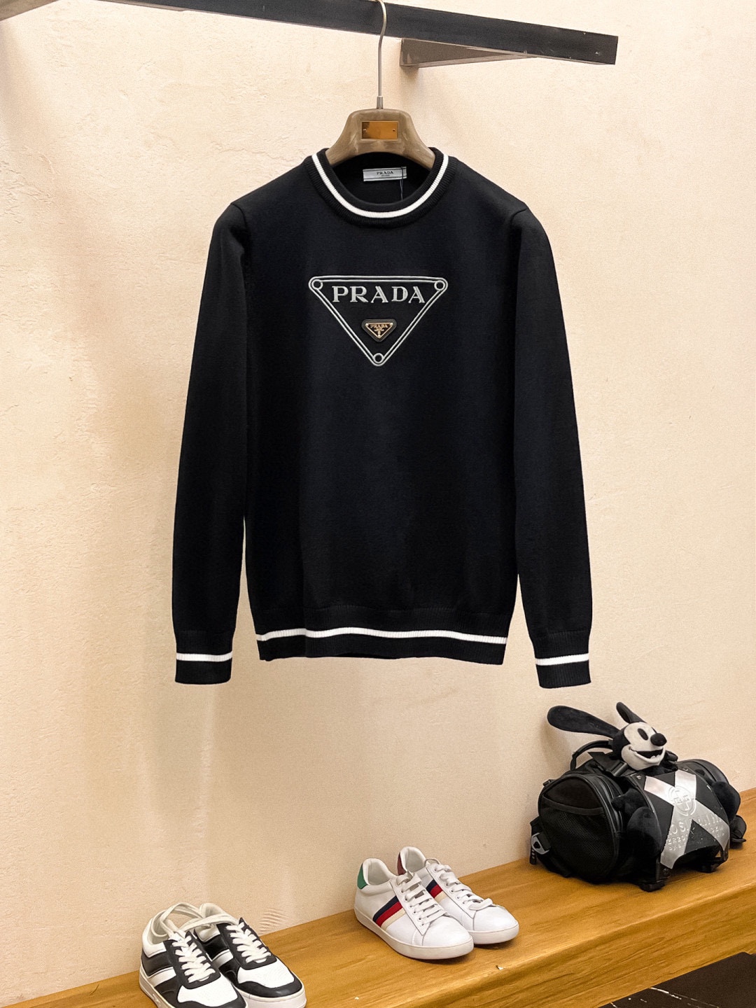 Prada Wool Blend Sweater Classic Crewneck Pullover, Slim Fit, Logo Accent