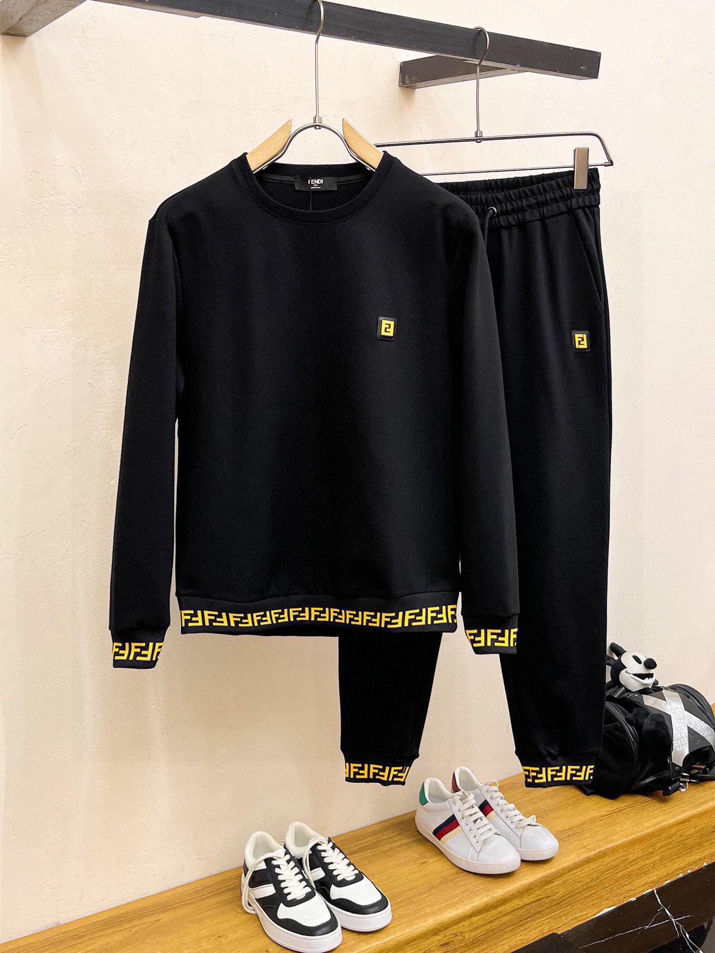 Fendi 2025 Black Cotton Blend Sweatshirt & Jogger Set with Logo Trim