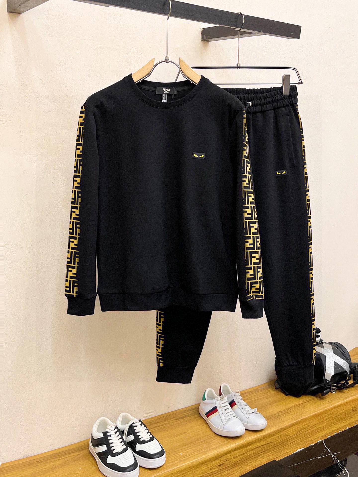 Fendi Men's Black Cotton Sweatshirt & Sweatpants Set with FF Logo Tape