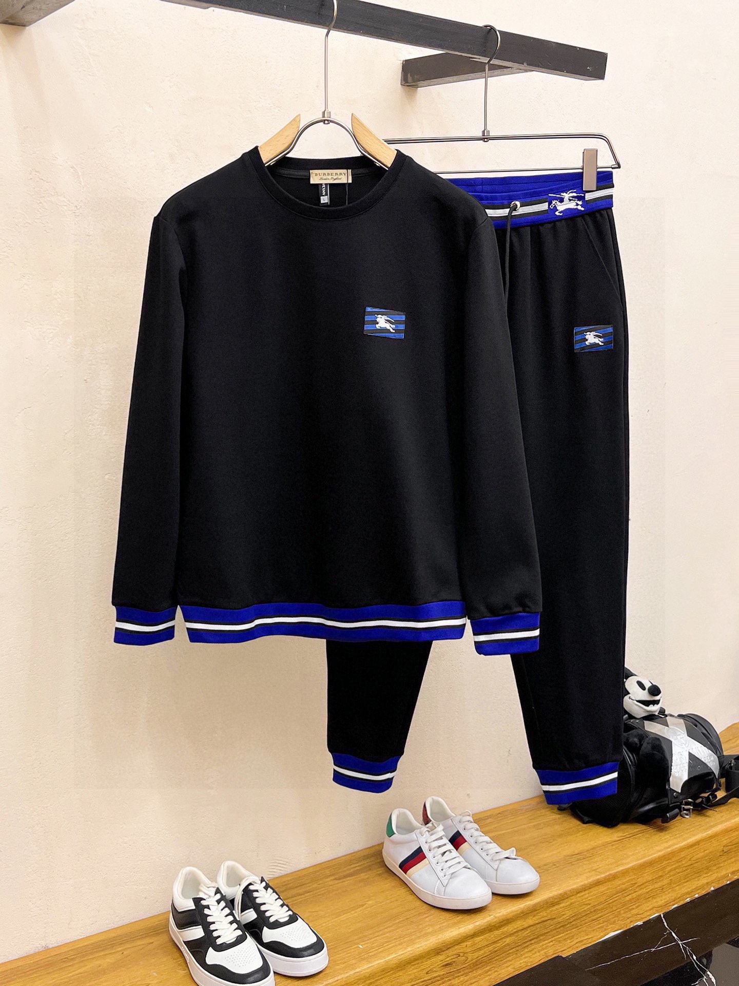 Burberry Men's Black Cotton Sweatshirt & Jogger Set with Blue Stripe Trim