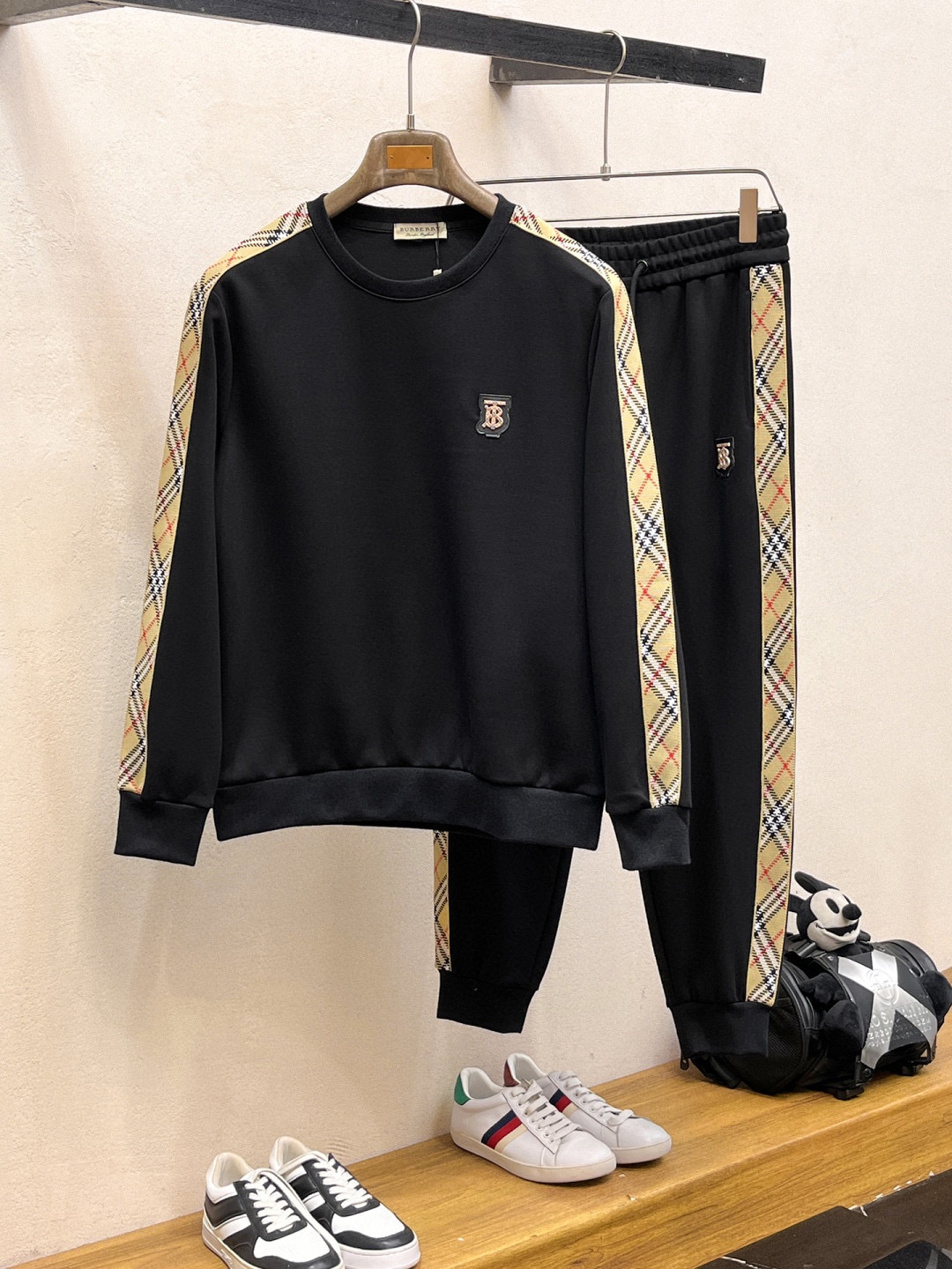Burberry Black Cotton Blend Sweatshirt & Jogger Set with Vintage Check Trim
