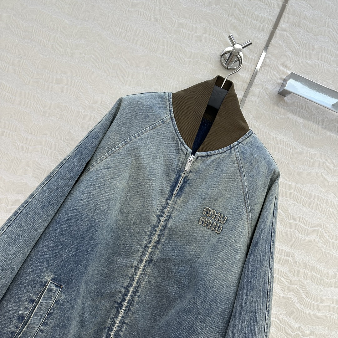 高端原单品质！miu系少女知识分子时髦穿搭！男女同款 棒球夹克牛仔棉服外套！撞色罗纹复古做旧洗水工艺丹宁