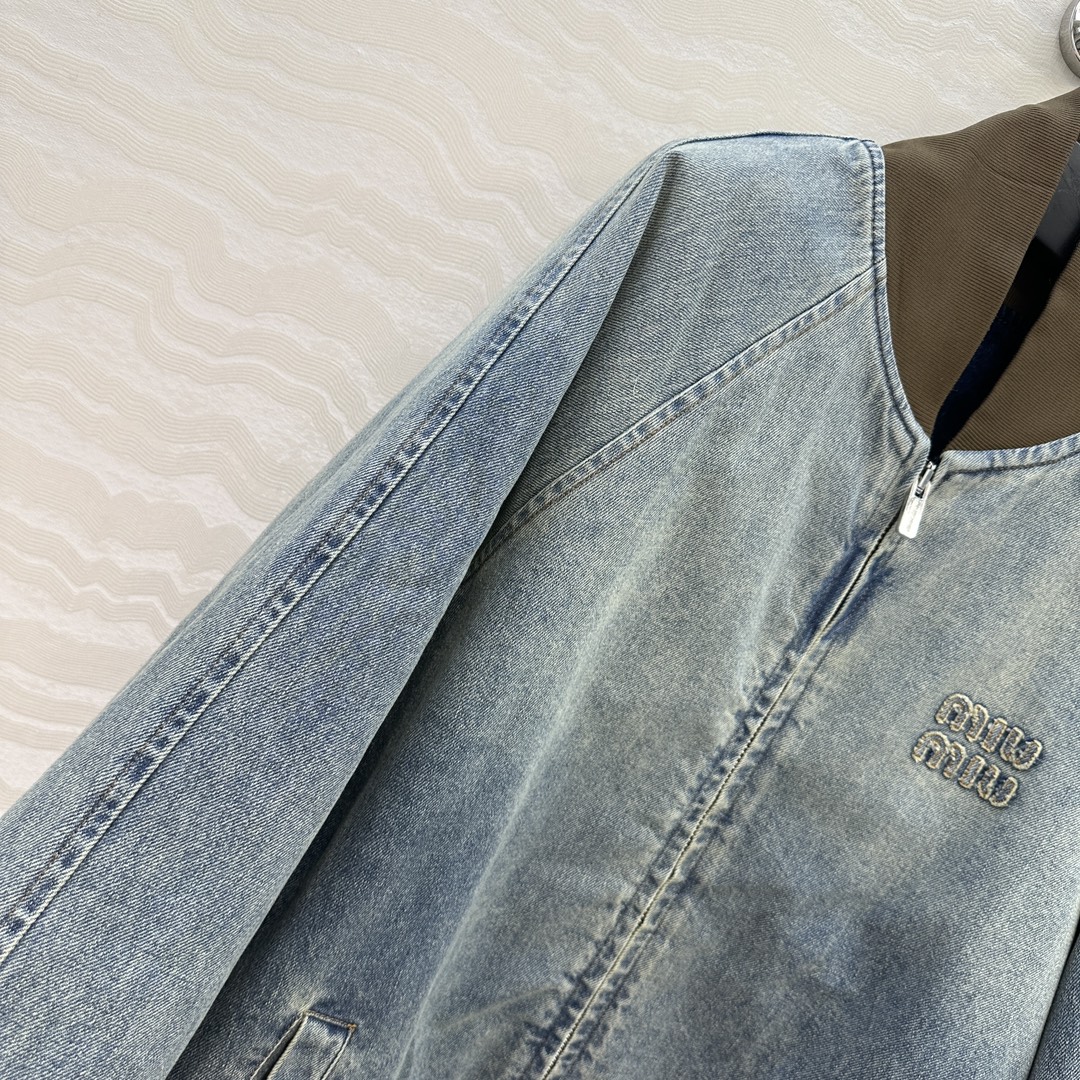 高端原单品质！miu系少女知识分子时髦穿搭！男女同款 棒球夹克牛仔棉服外套！撞色罗纹复古做旧洗水工艺丹宁