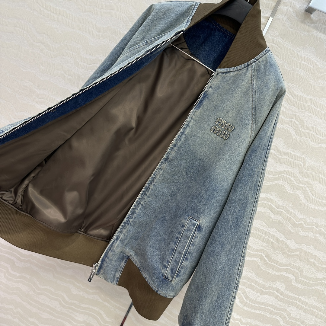 高端原单品质！miu系少女知识分子时髦穿搭！男女同款 棒球夹克牛仔棉服外套！撞色罗纹复古做旧洗水工艺丹宁