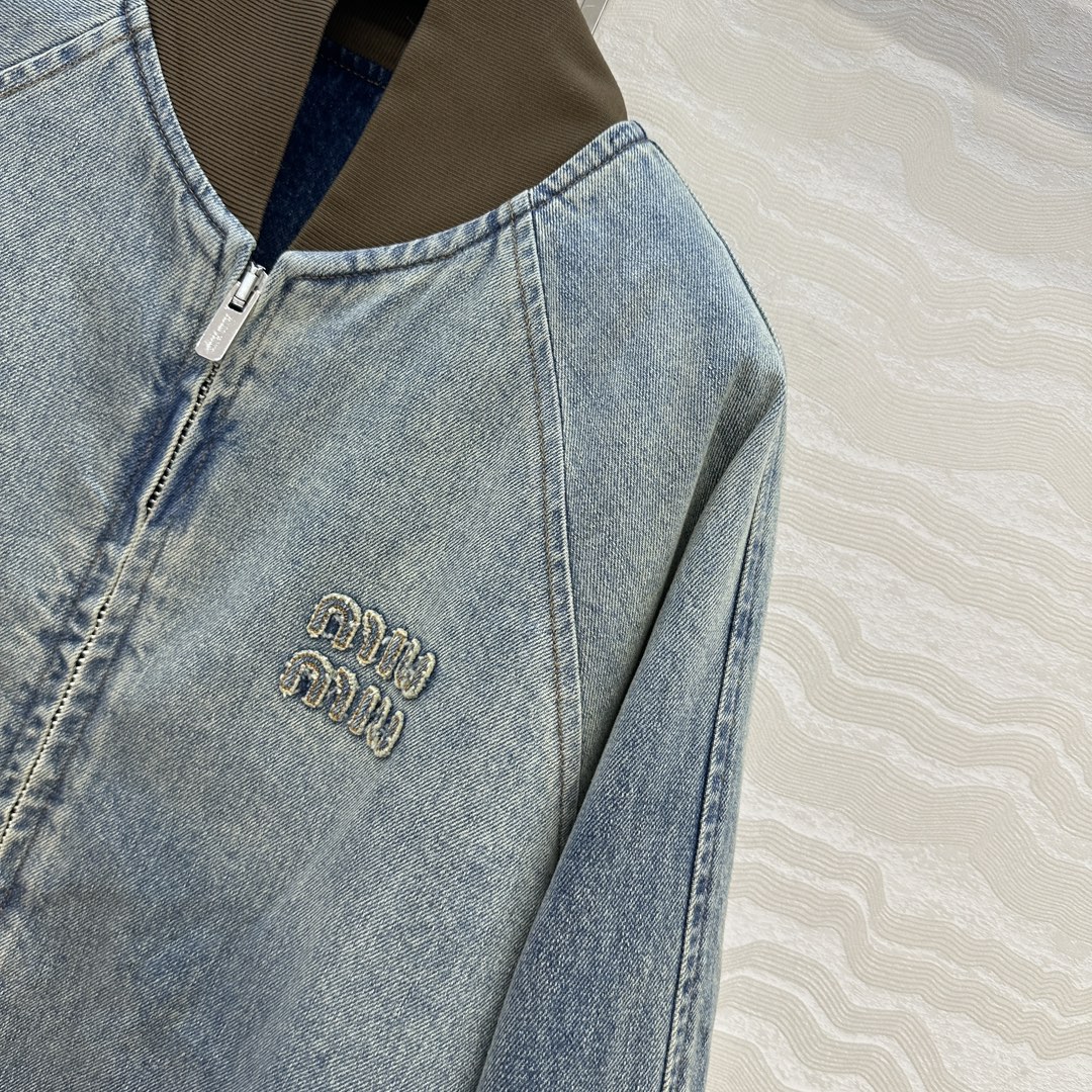 高端原单品质！miu系少女知识分子时髦穿搭！男女同款 棒球夹克牛仔棉服外套！撞色罗纹复古做旧洗水工艺丹宁