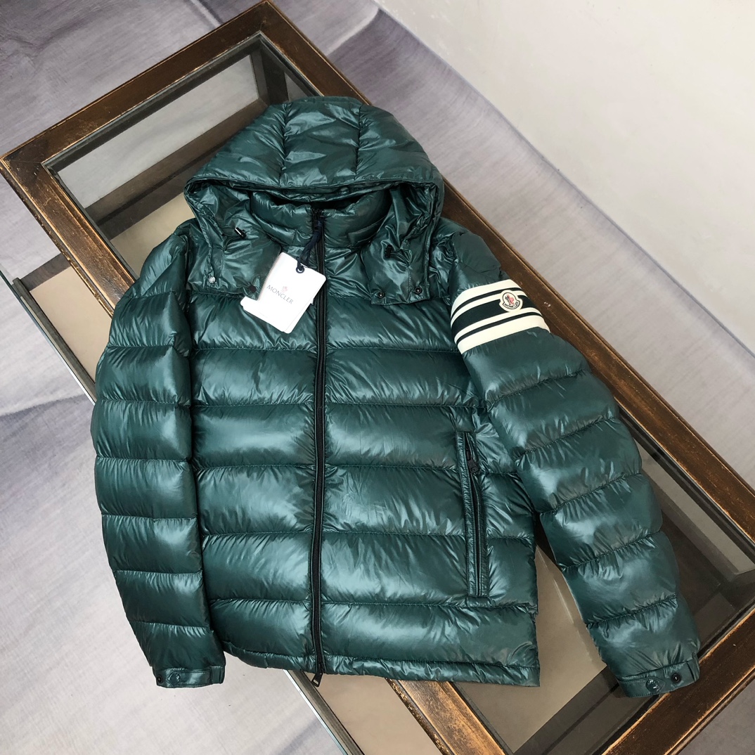 Moncler Detachable Hooded Down Jacket with Arm Stripe Detail