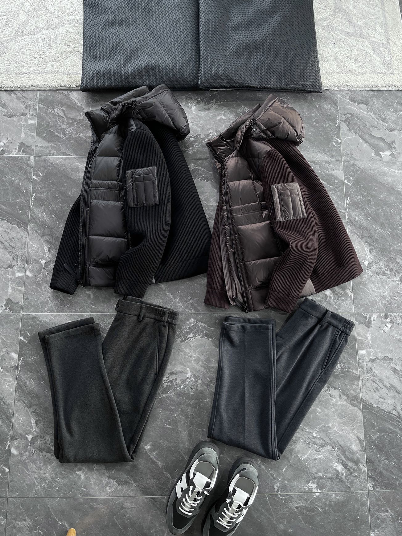 羽绒服 🆕 CP针织拼接羽绒服 当方形绗缝在100%锦纶面料上铺展开来，L码112克白鸭绒便在格子里安了