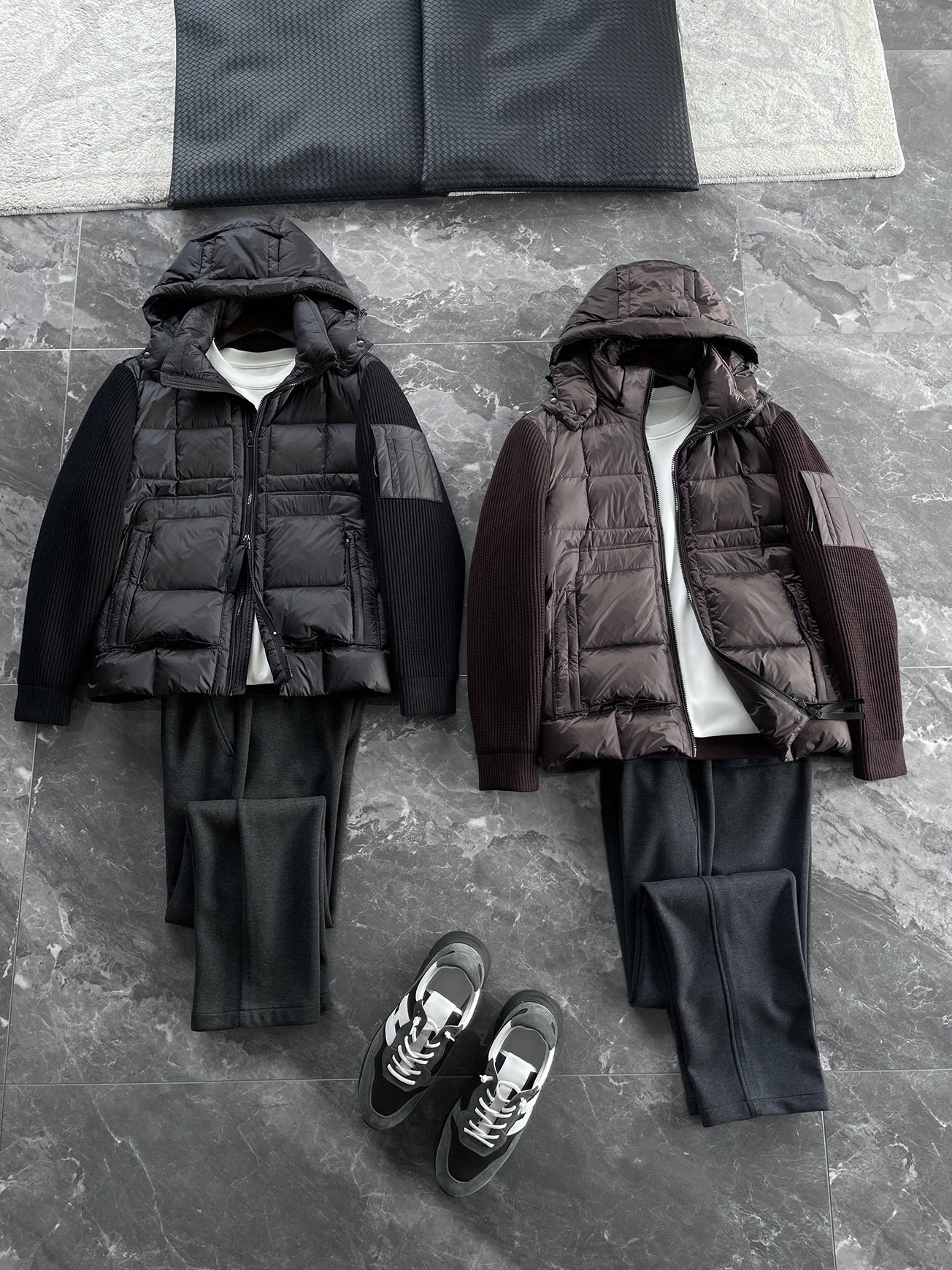 羽绒服 🆕 CP针织拼接羽绒服 当方形绗缝在100%锦纶面料上铺展开来，L码112克白鸭绒便在格子里安了