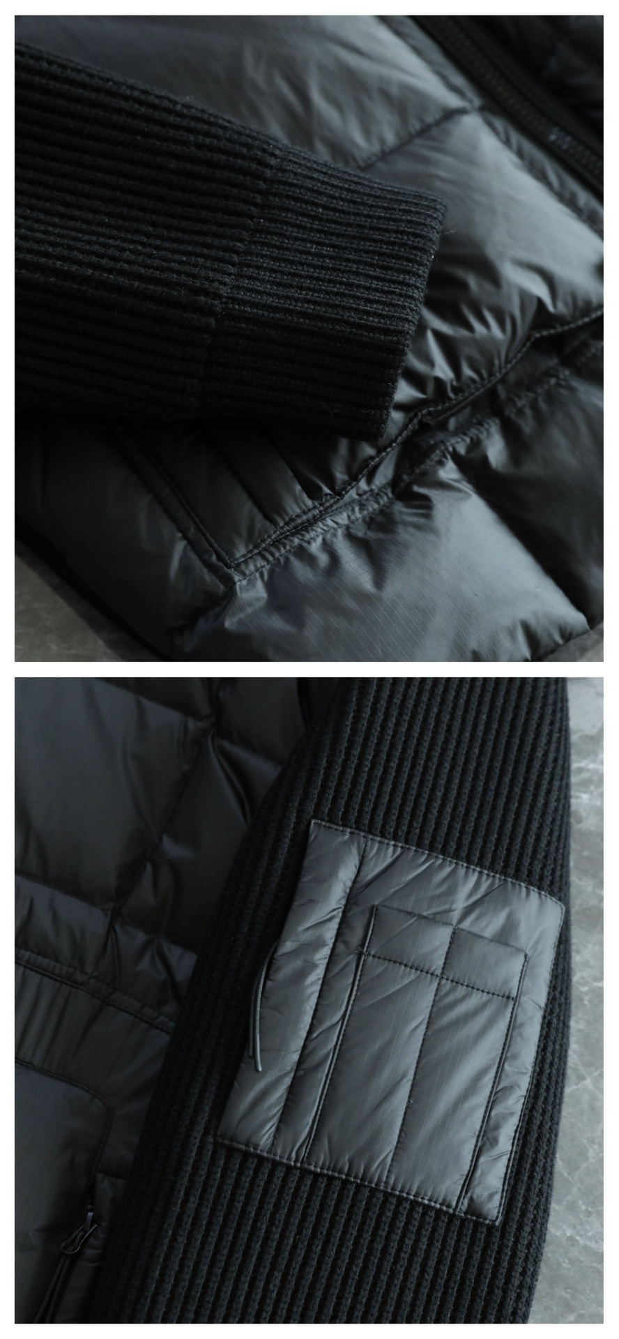 羽绒服 🆕 CP针织拼接羽绒服 当方形绗缝在100%锦纶面料上铺展开来，L码112克白鸭绒便在格子里安了