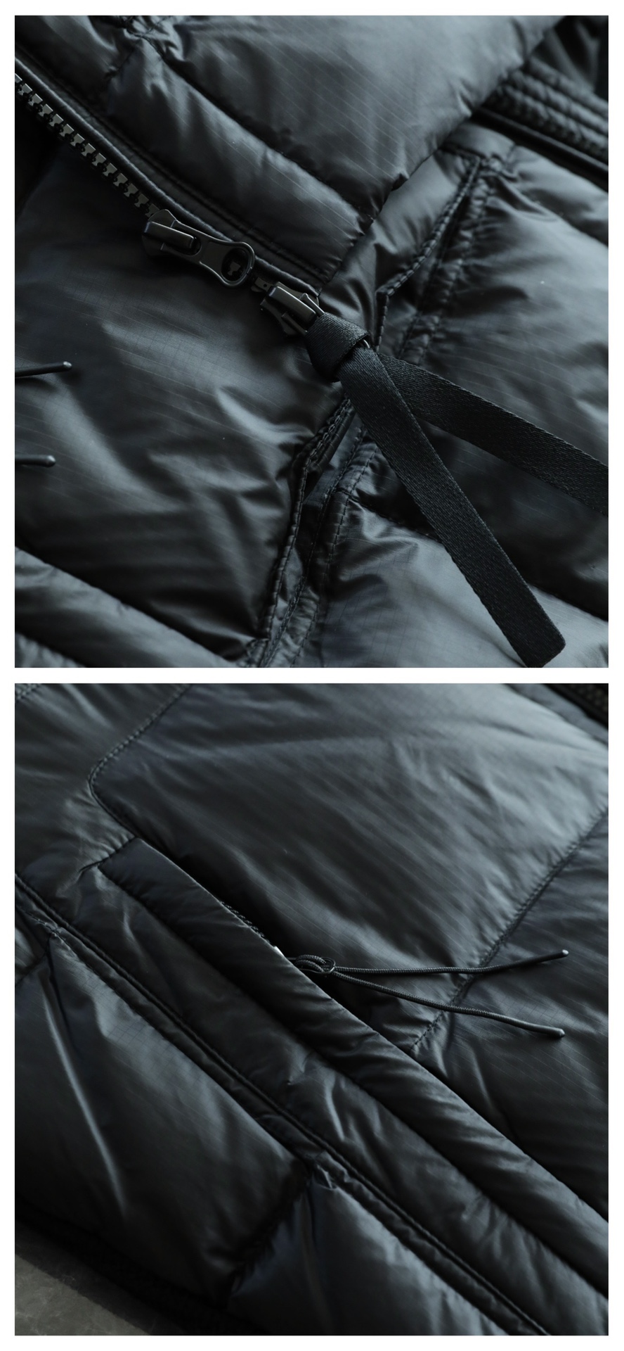 羽绒服 🆕 CP针织拼接羽绒服 当方形绗缝在100%锦纶面料上铺展开来，L码112克白鸭绒便在格子里安了