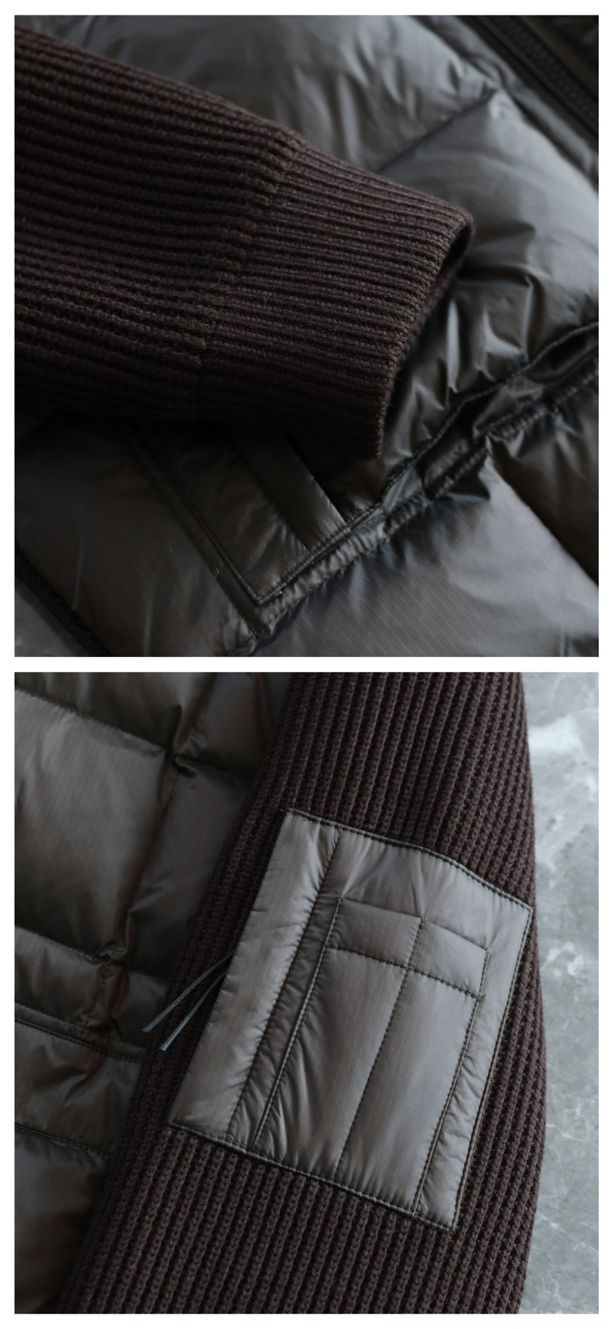 羽绒服 🆕 CP针织拼接羽绒服 当方形绗缝在100%锦纶面料上铺展开来，L码112克白鸭绒便在格子里安了