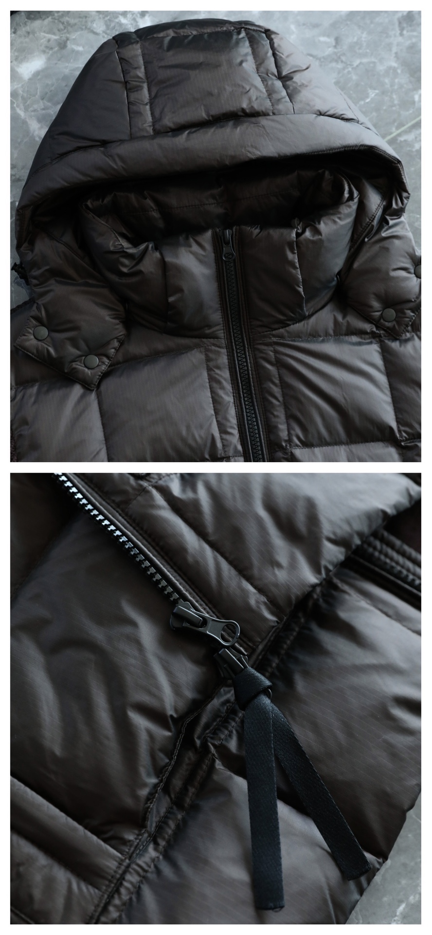 羽绒服 🆕 CP针织拼接羽绒服 当方形绗缝在100%锦纶面料上铺展开来，L码112克白鸭绒便在格子里安了