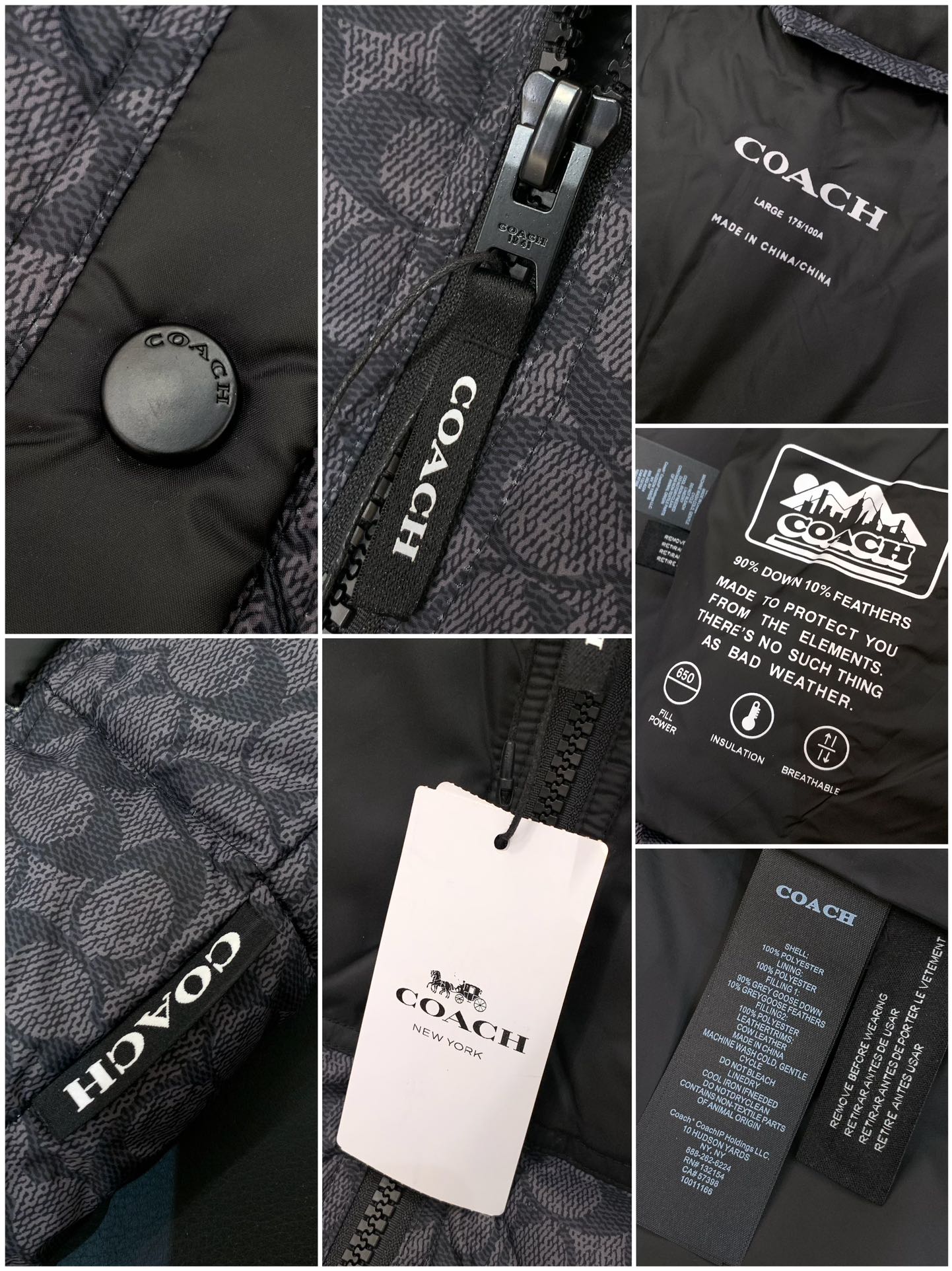 ，COACH/蔻驰奥莱男士拼色老花羽绒夹克立领羽绒服保暖外套！！细节面料100% 聚酯纤维 里料100%