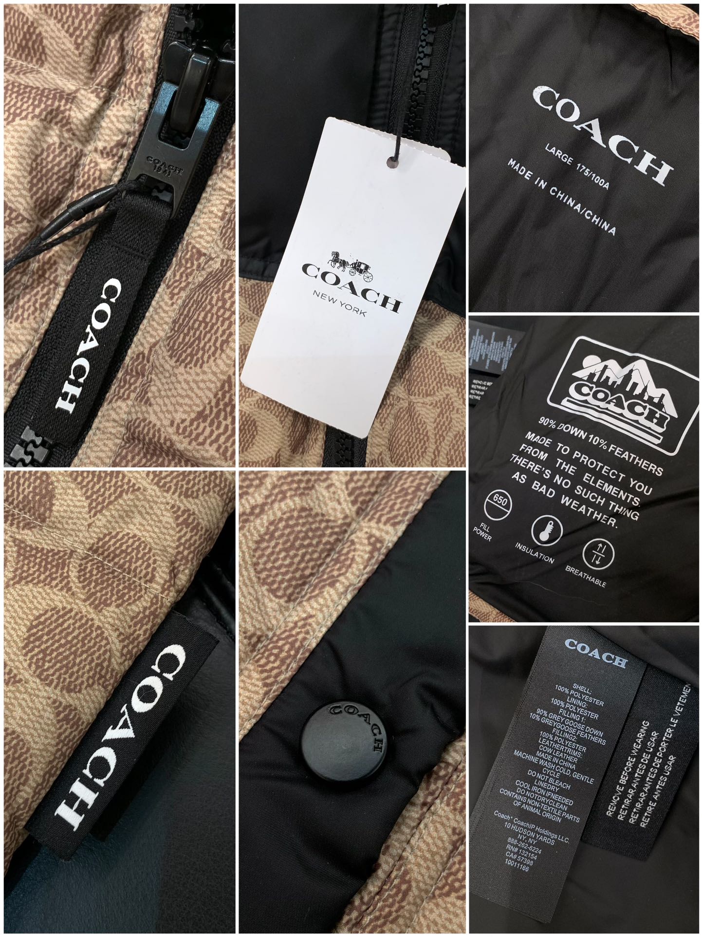 ，COACH/蔻驰奥莱男士拼色老花羽绒夹克立领羽绒服保暖外套！！细节面料100% 聚酯纤维 里料100%