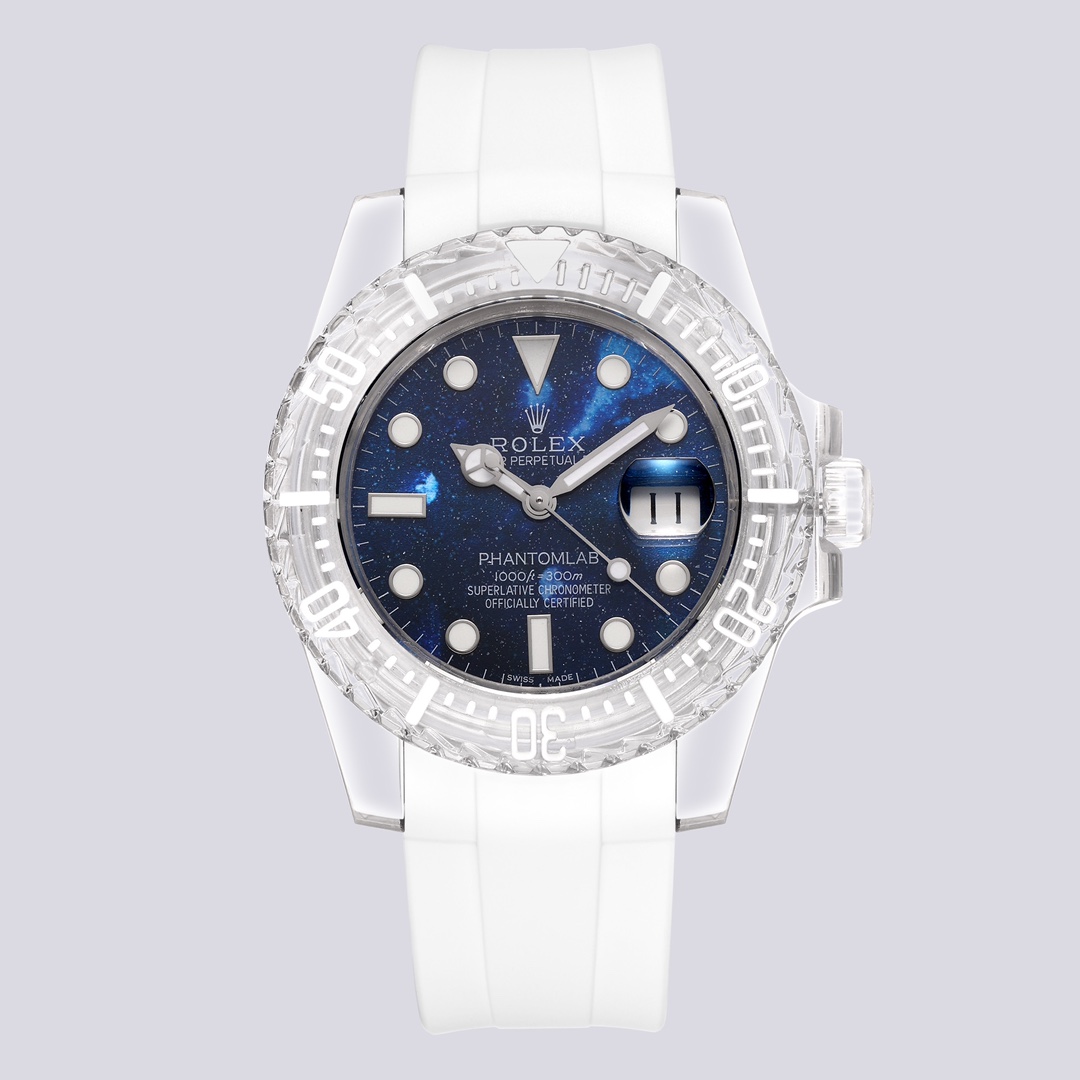 Rolex Crown Collection Orologio in stile Daytona con cassa e lunetta trasparenti, quadrante bianco, cinturino bianco 40 mm Quarzo unisex