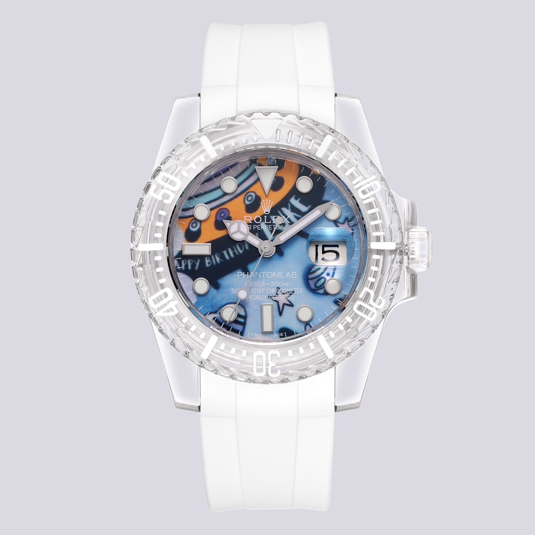 Rolex Crown Collection Orologio in stile Daytona con cassa e lunetta trasparenti, quadrante bianco, cinturino bianco 40 mm Quarzo unisex