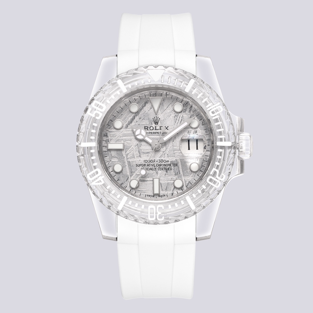Rolex Crown Collection Orologio in stile Daytona con cassa e lunetta trasparenti, quadrante bianco, cinturino bianco 40 mm Quarzo unisex