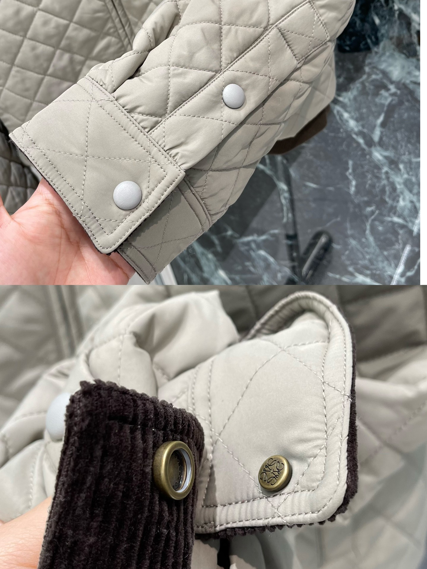 罗意威 25秋冬新款 菱格绗缝棉服 深棕灯芯绒翻领和袖口，复古感满满!胸前皮质贴袋超有层次，短款版型利落