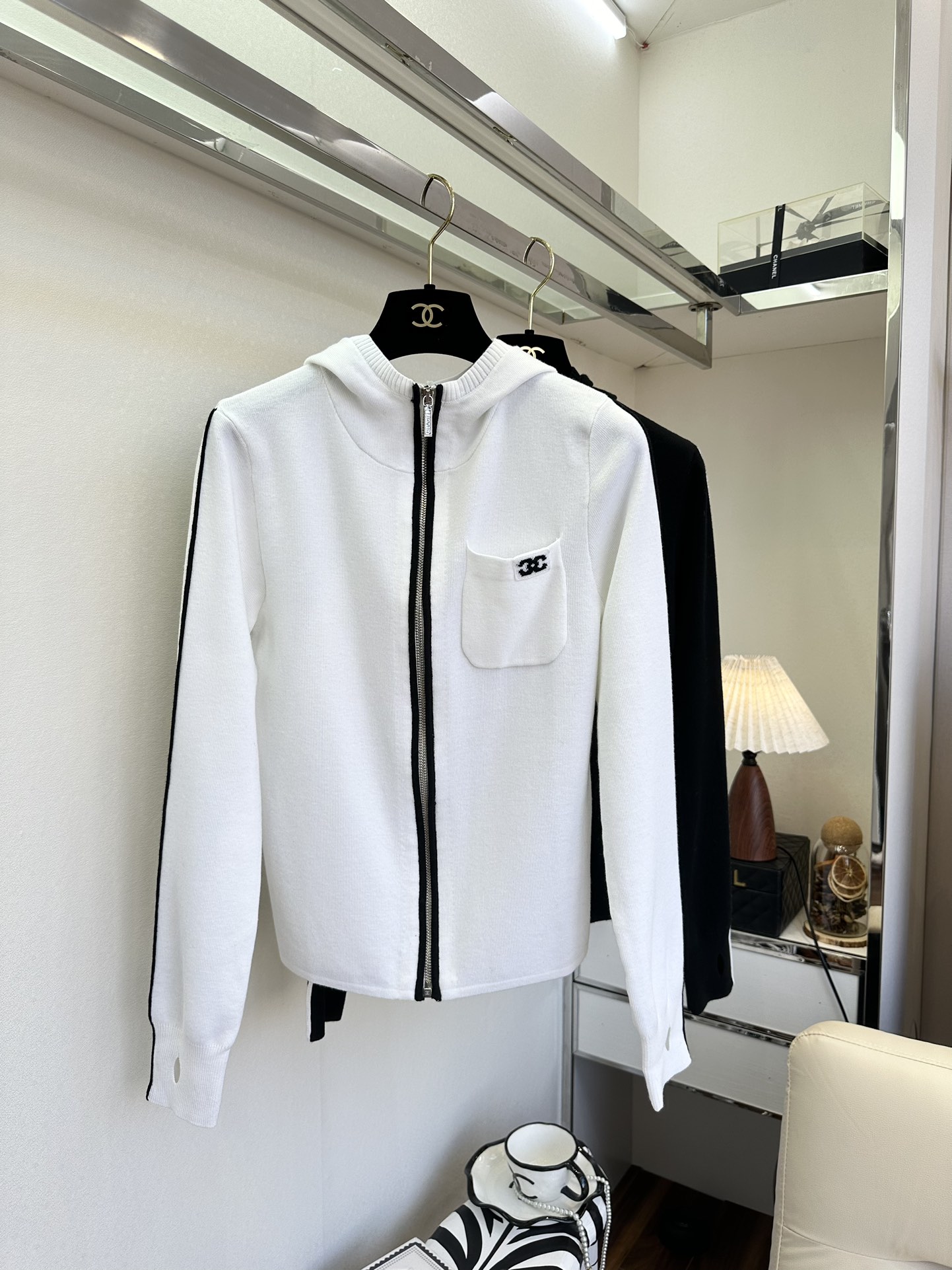 Elegant Black and White Striped Knitted Cardigan with Hood and Slim Fit