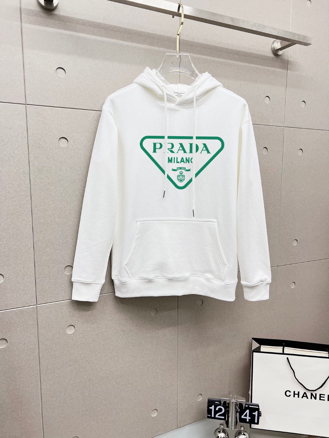 Prada Milano White Cotton Blend Hoodie with Green Logo Print - Casual Style