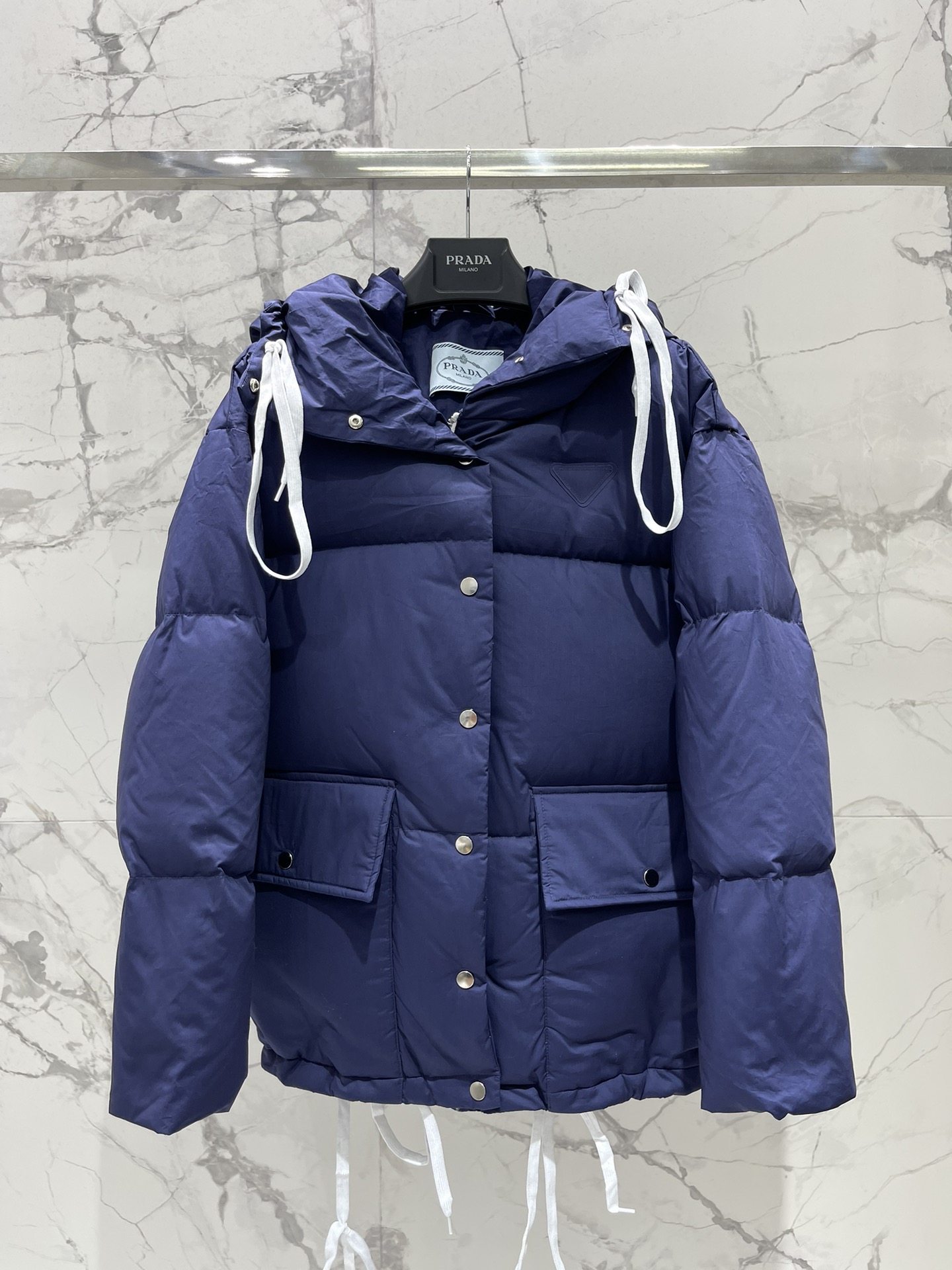 Prada Triangle Logo Patch Hooded Down Jacket – Stylish & Warm