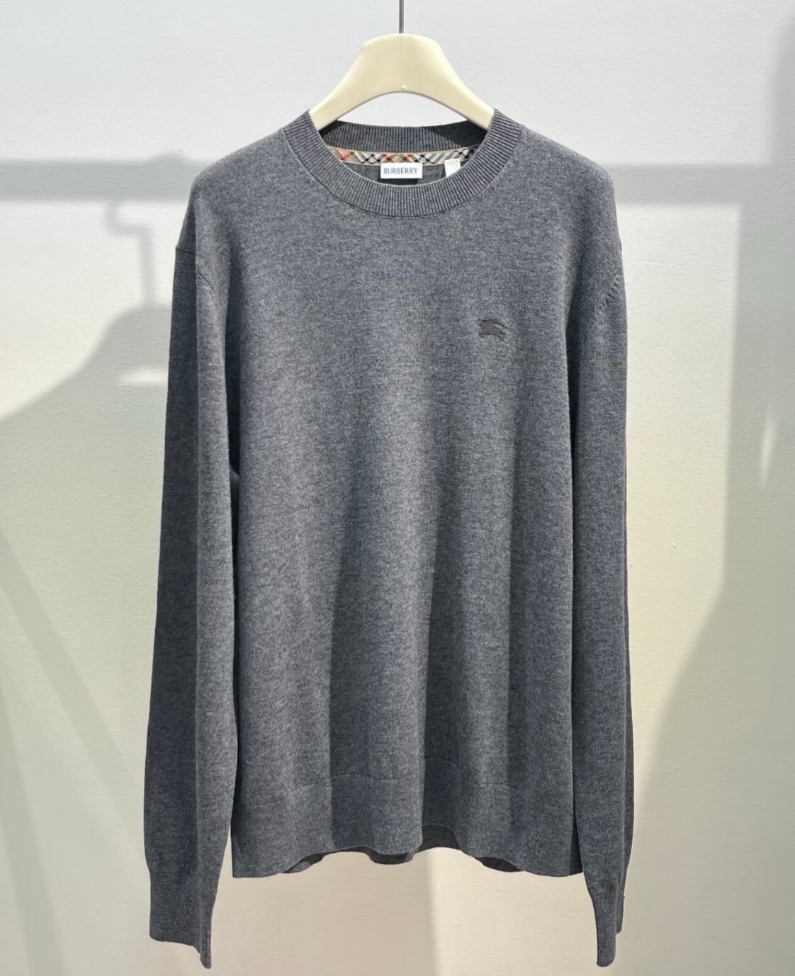 Burberry Men's Gray Wool Crew Neck Sweater with Embroidered Logo - Modern Style