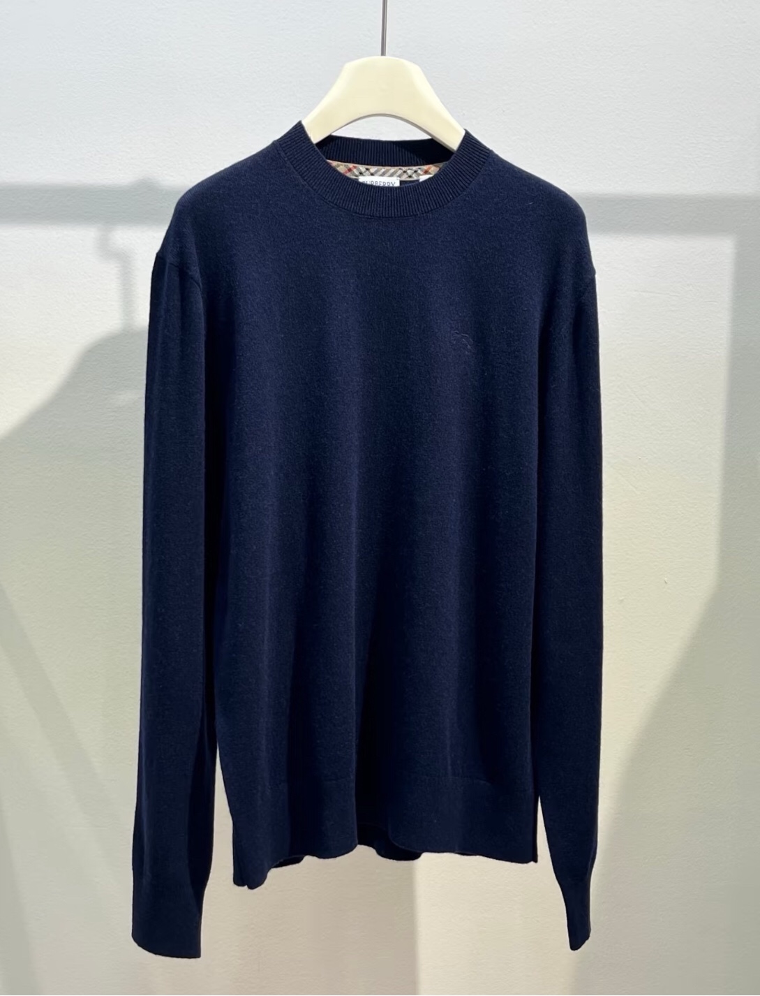 Burberry Men's Navy Wool Crew Neck Sweater with Embroidered Logo