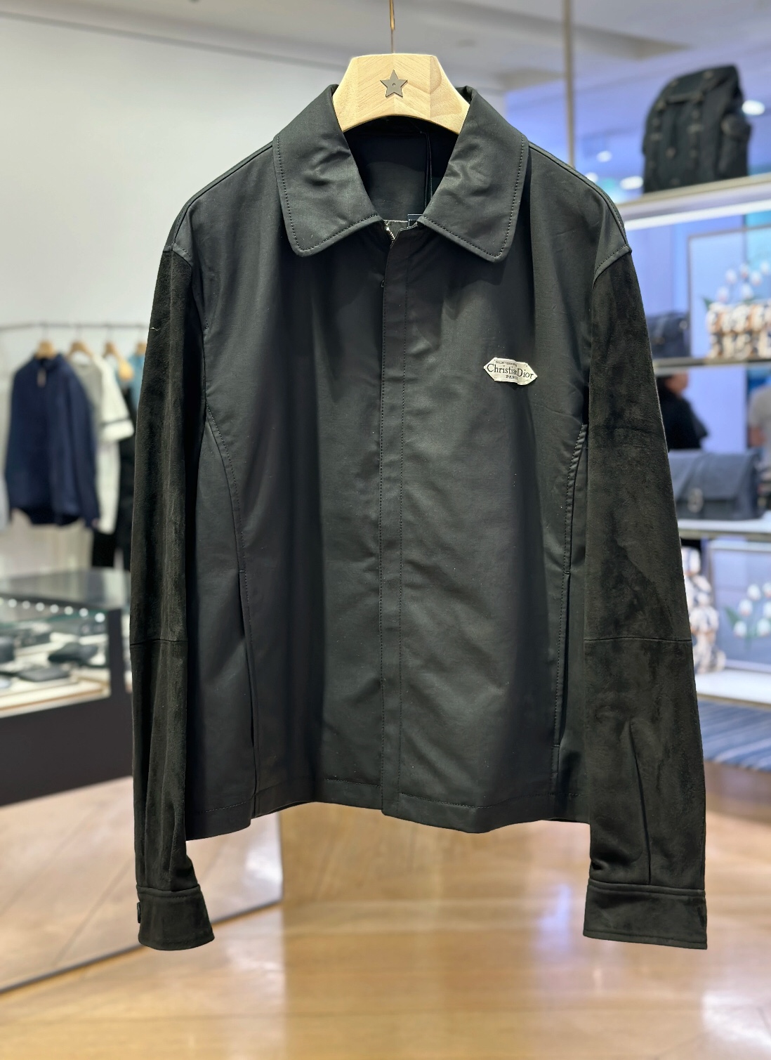 Diorr Men's Black Cotton Twill Jacket with Suede Sleeves and Silk Lining