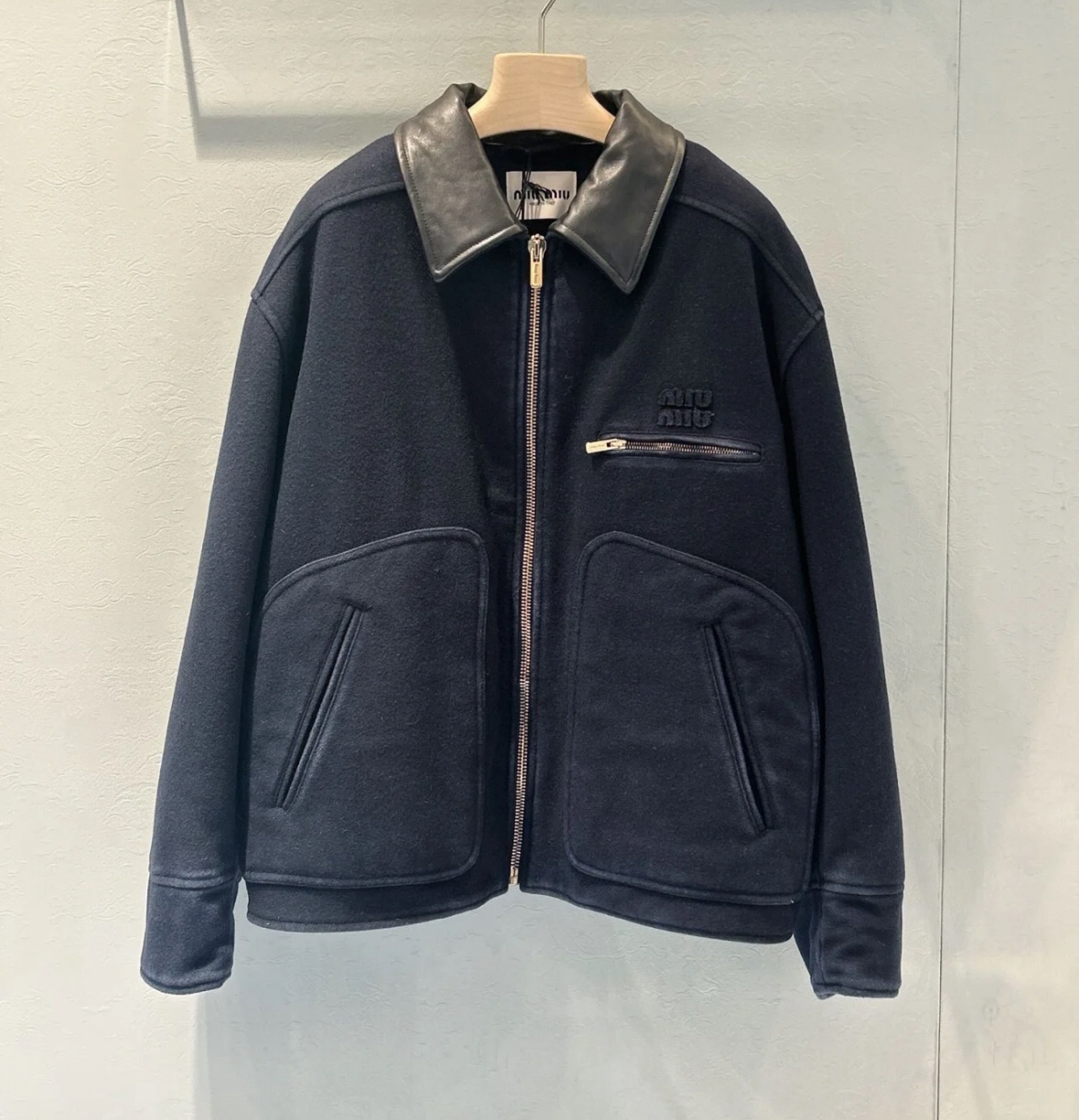 Miu Miu Wool Blend Jacket with Leather Collar - Relaxed Fit