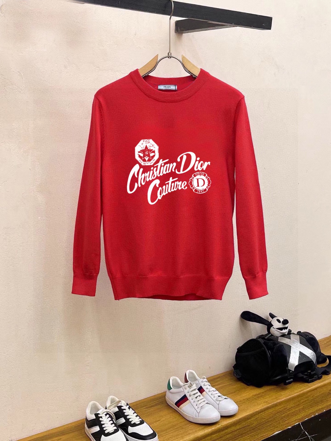 Dior Men's Red Wool Blend Knit Sweater with Couture Logo, Slim Fit