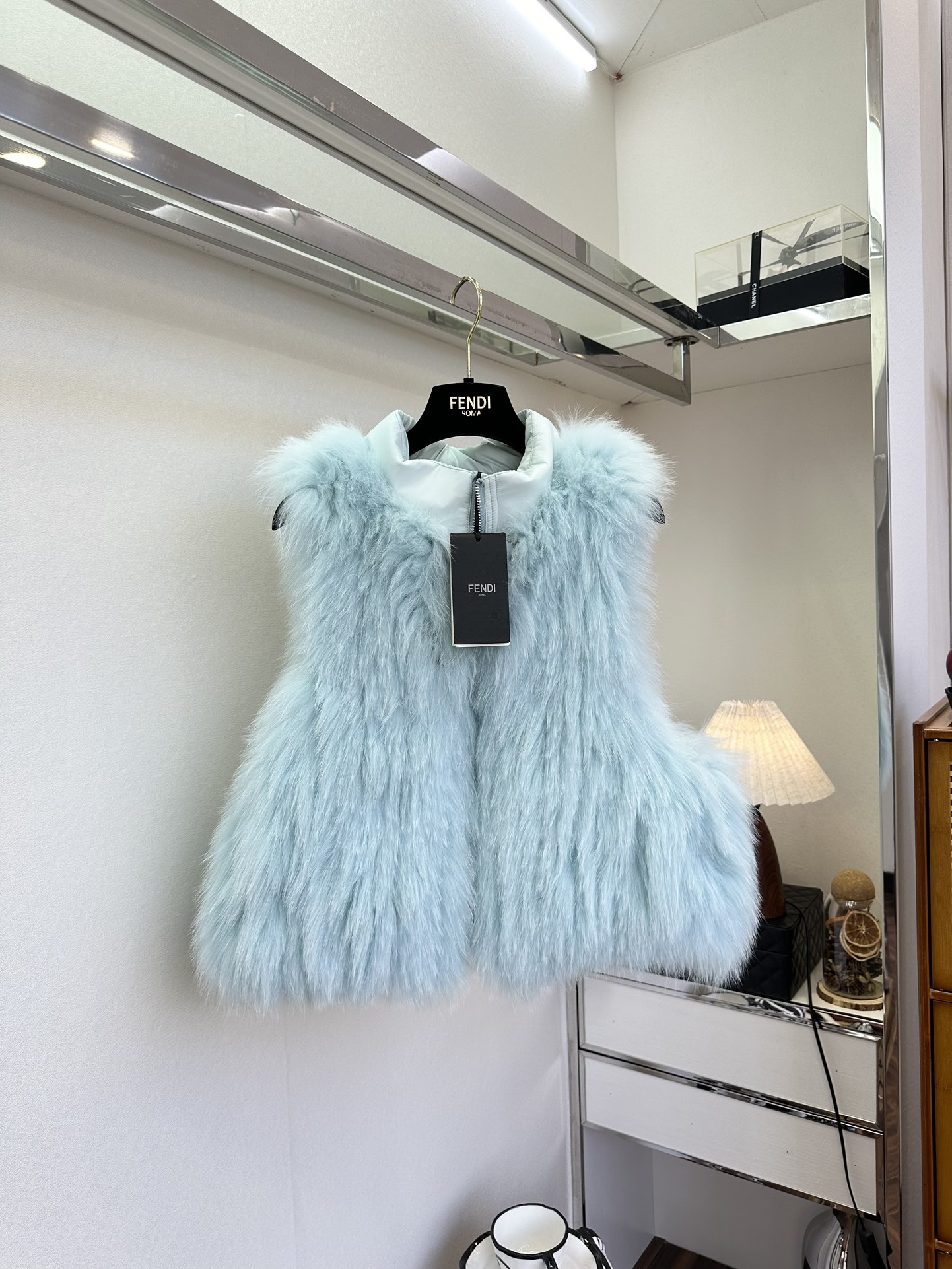 Reversible Glacier Blue Fur Vest with Down Filling – Cozy & Stylish, S-L